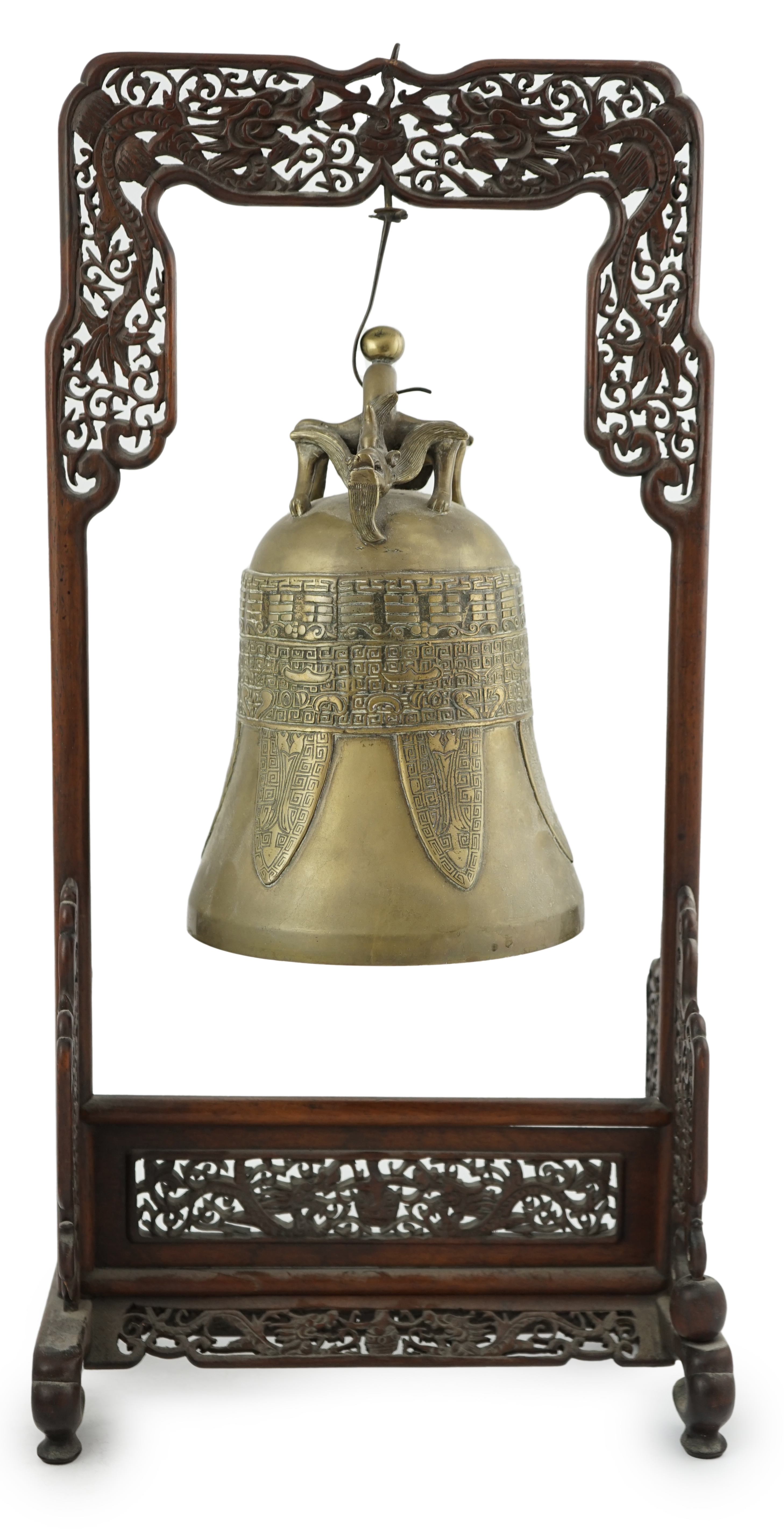 A Chinese archaistic bronze temple bell, and reticulated hardwood stand, Qing dynasty